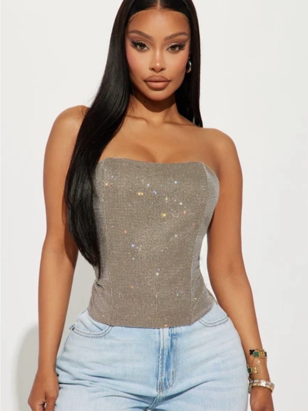 Fashion Nova Corset Rhinestone Tube Top in Taupe
